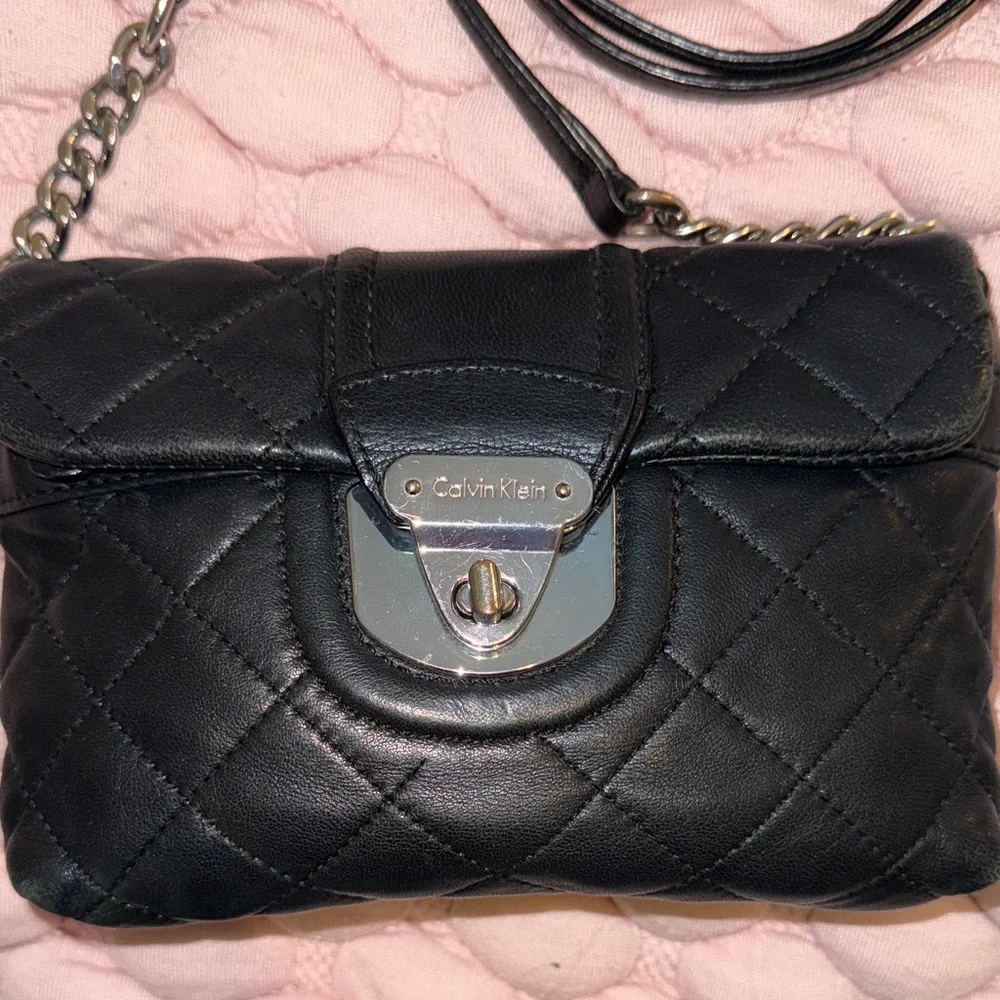 Calvin Klein Black Quilted Crossbody Bag with Silver Accents